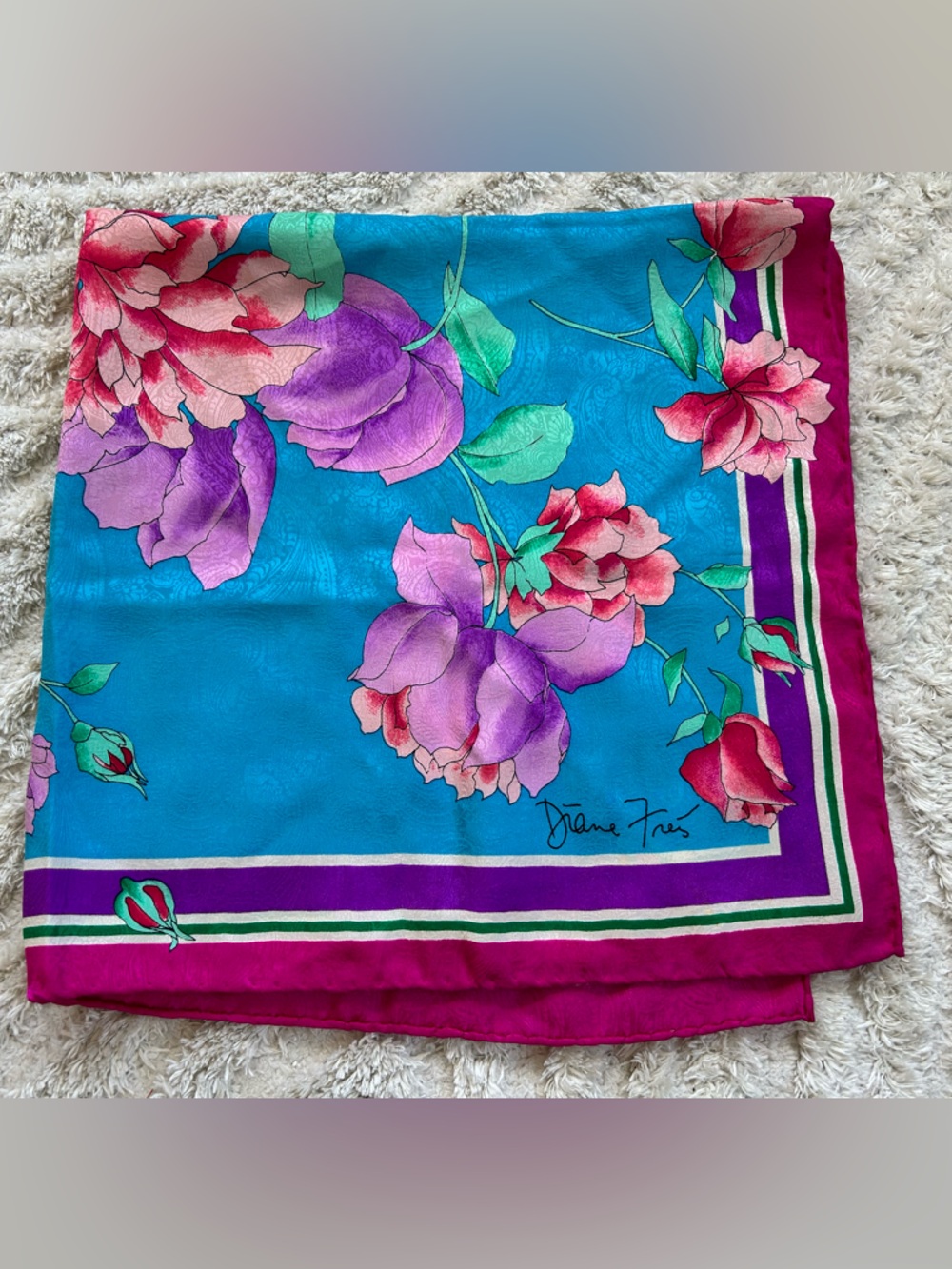 Floral Silk Scarf in Teal & Fuchsia -